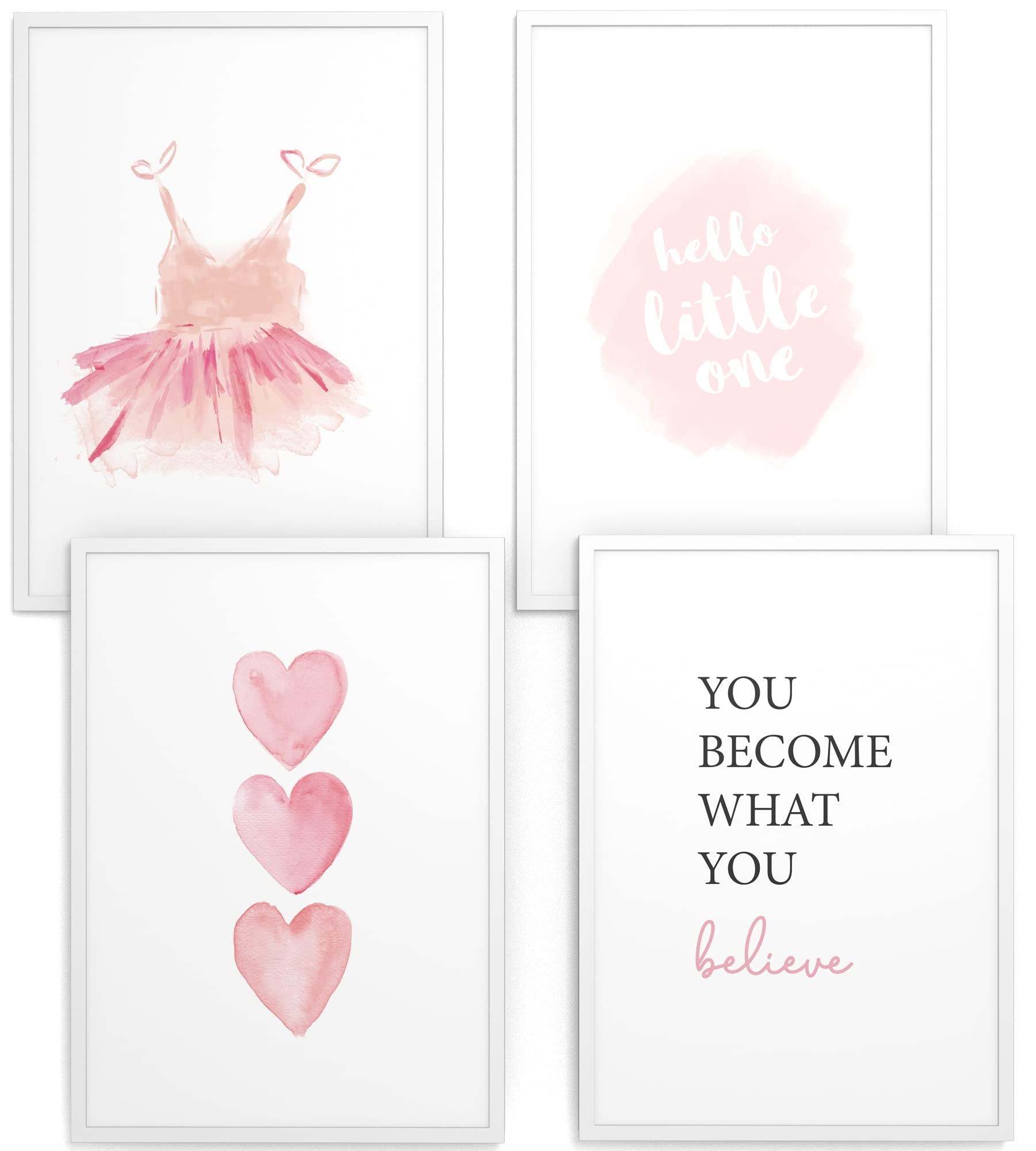 Cuadros para niños, Set de 4, A3 enmarcado en marco de madera (blanco), Regalo para niñas, Láminas decorativas para el cuarto infantil, Corazónes rosa Vestido hola pequeño, Baby Girl Dress