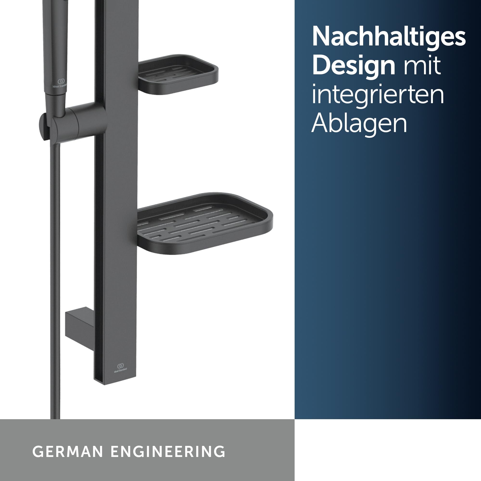 Ideal Standard Idealrain Alu+ Brausekombination, Wassersparender Duschkopf mit zwei Strahlarten (SilkRain und Rain) und verstellbaren Ablagen – Schwarz Matt (349x157x600 mm)