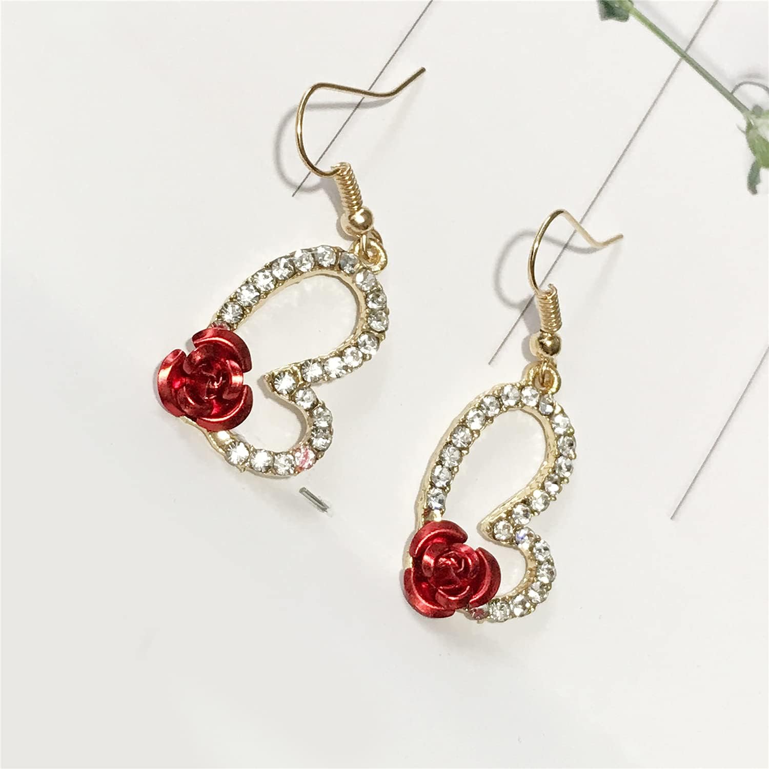 ANDPAI Vintage Wine Red 3D Rose Dangle Drop Earrings for Women Statement Heart Dangle Earrings with Crystal Rhinestone Valentine's Day Gifts - Image 7