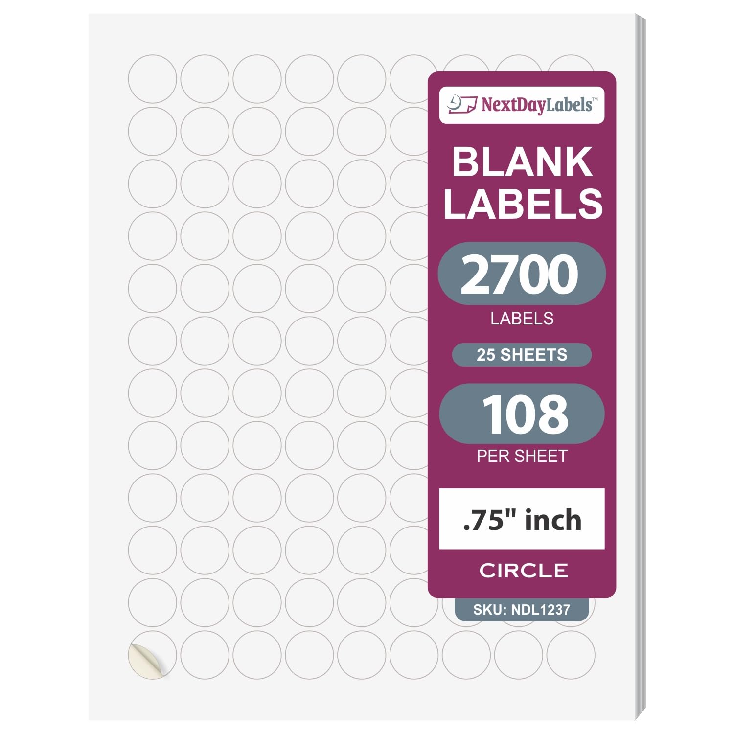 NextDayLabels – 3/4 Inch Round Labels - Round Sticker Labels for Printer - Matte White Blank Laser/Inkjet Printer Labels - Circle Stickers Printable Labels (25 Sheets, 108 Per Sheet, 2700 Labels)