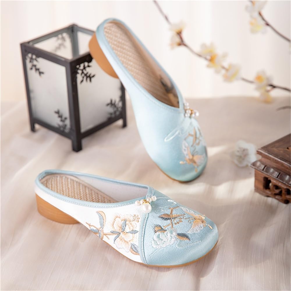 2025 Wykwintne Haftowane Kwiatowe Damskie Kapcie Buty W Stylu Chińskim Cheongsam Hanfu Lekkie, Swobodne, Okrągłe, Mule Eleganckie, Zabudowane Kapcie