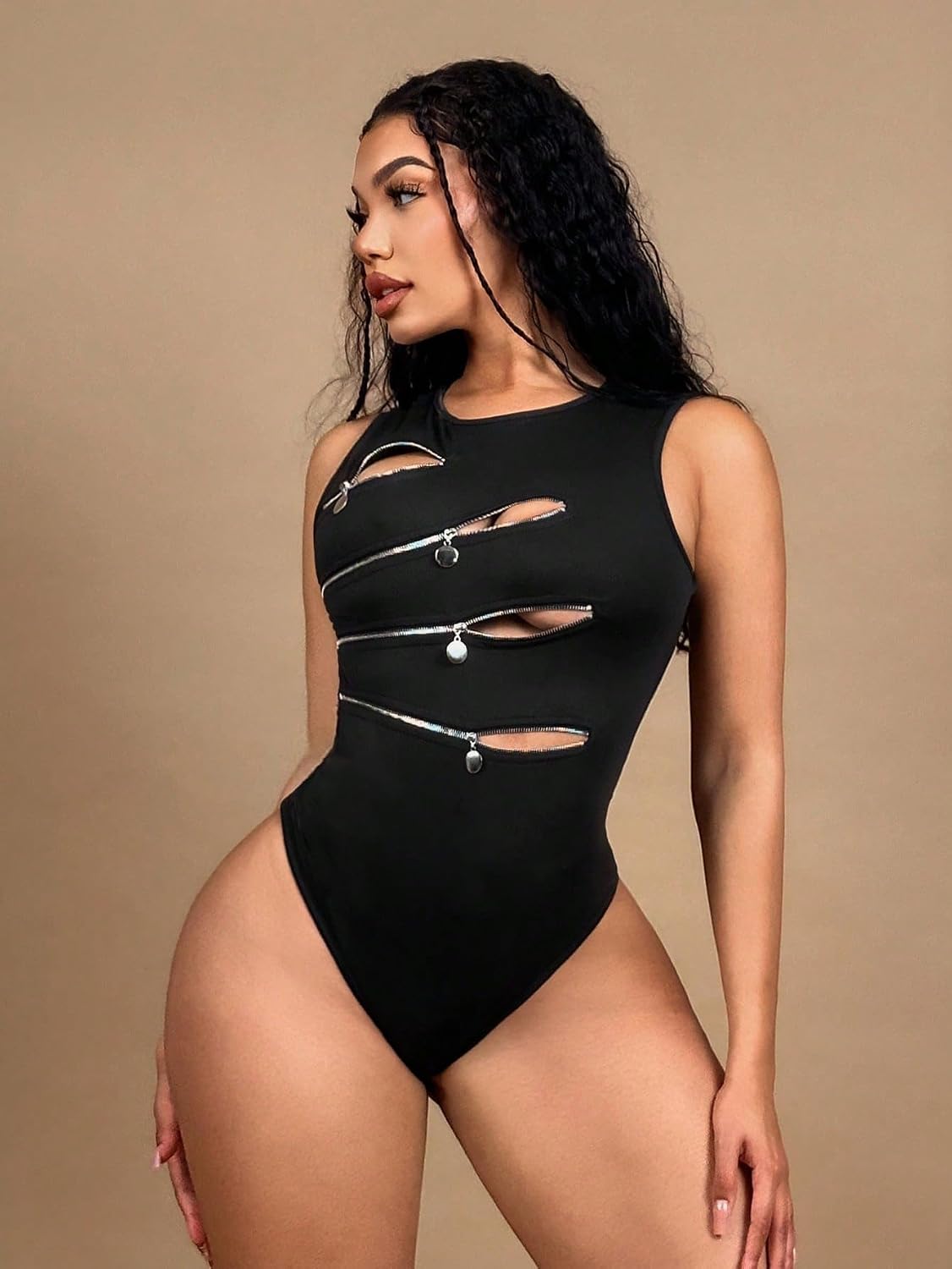 WDIRARA Women's Plus Size Cut Out Zip Front Sleeveless Bodysuit Club Night Out Body Suits