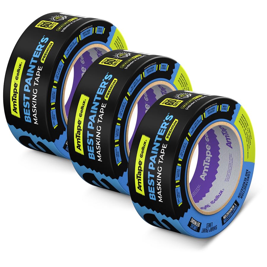 AmTape Premium Best Painter’s Masking Tape, Solvent & Moisture Resistant, 60-Day Clean Removal, Super Washi Painter’s Tape for Walls, Ceilings & Trim, Blue (2" - 3pk)