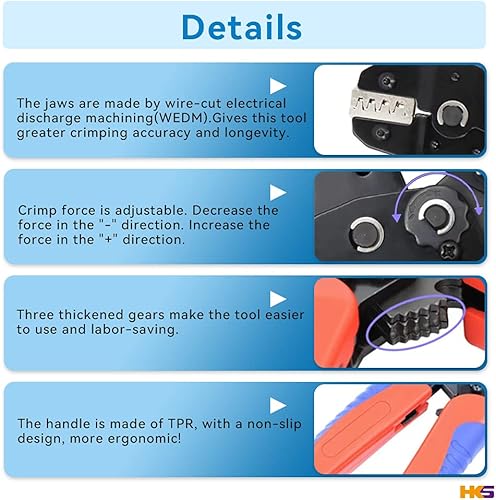 Miniatura 4 de HKS Juego de herramientas de crimpado de trinquete, 11 piezas con mandíbulas intercambiables para Dupont JST MOLEX - Terminales de barril abierto,