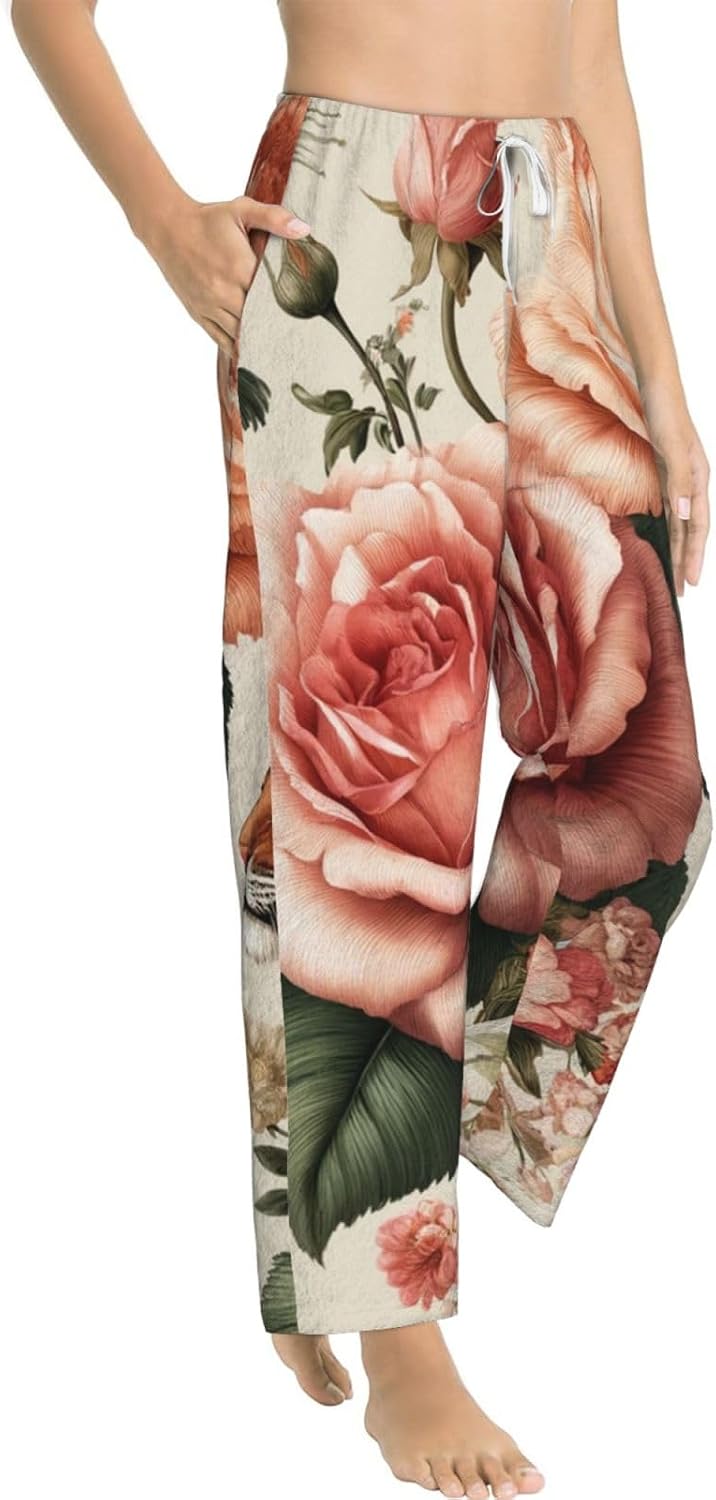 Women'S Animal-Roses-Floral Fleece Pajama Pants, Cozy Flannel Lounge Bottoms For Women