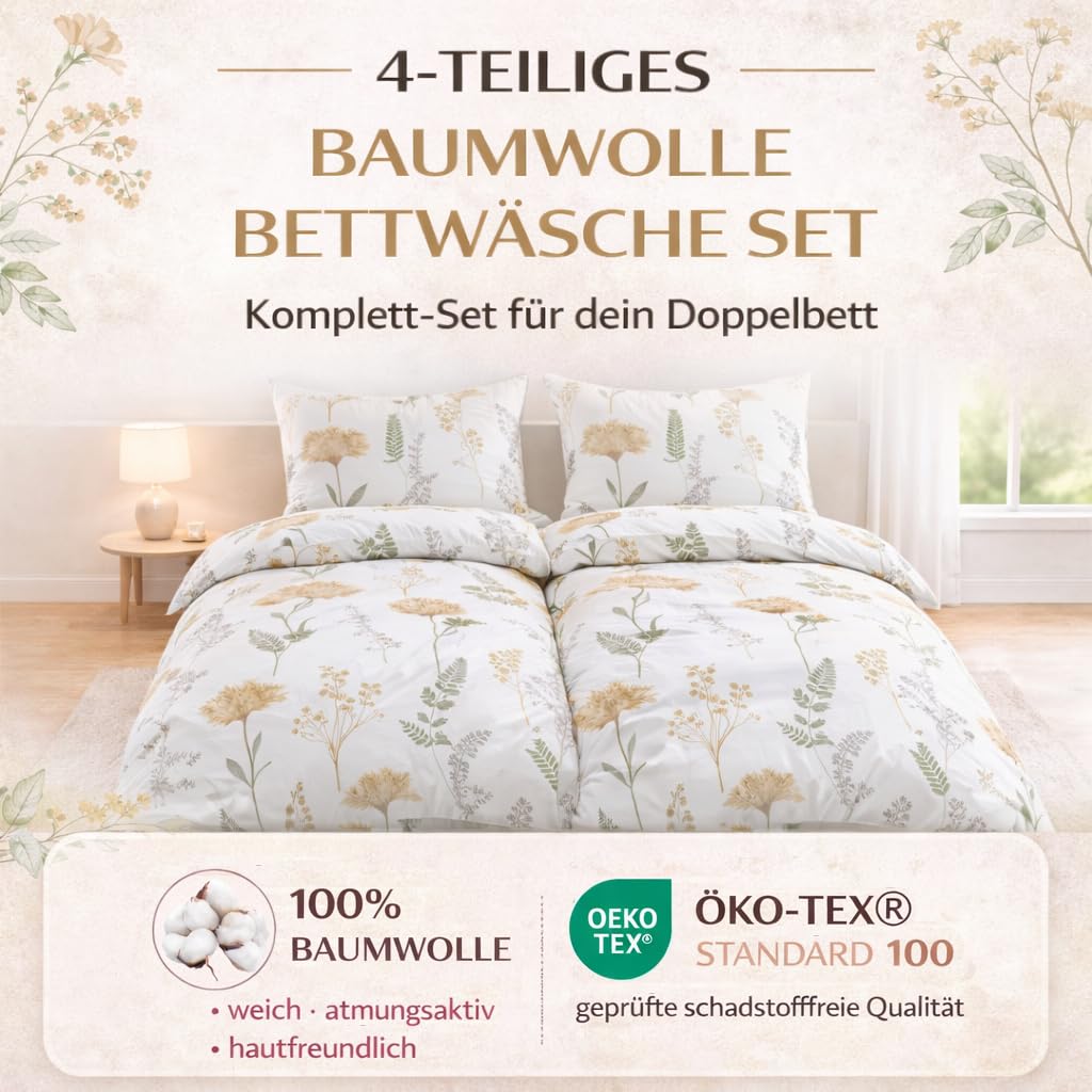 MALIKA Baumwolle Bettwäsche 135x200 4-teilig - 2X Bettbezug 135x200 & 2X Kissenbezug 80x80, Oeko-TEX geprüft, Bettwäsche Set mit Reißverschluss, Atmungsaktiv & Pflegeleicht, Natural Garden