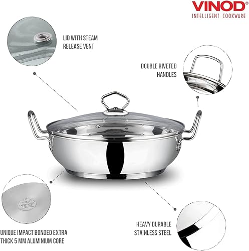 Miniatura 4 de Vinod Kadhai de acero inoxidable Tapa de vidrio templado Wok apto para inducción (10.5 pulgadas) 3.7 litros (3.9 cuartos de galón) 16 tazas