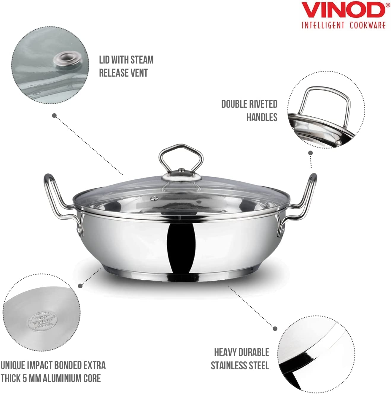 Vinod Kadai Schmorpfanne mit Edelstahl, Glas-Deckel, Premium Qualität Kochtopf groß, Fleischtopf, Wok induktionsgeeignet mit hoher Rand - Silber meat pot Casserole 26 cm