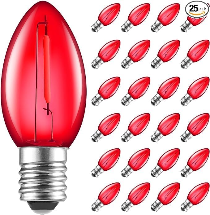 25 PCS C7 Red E12 Candelabra Base Shatterproof Plastic Replacement Bulbs, Vintage Clear Dimmable LED Light Bulbs for Outdoor Indoor Backyard Christmas String Lights (red)
