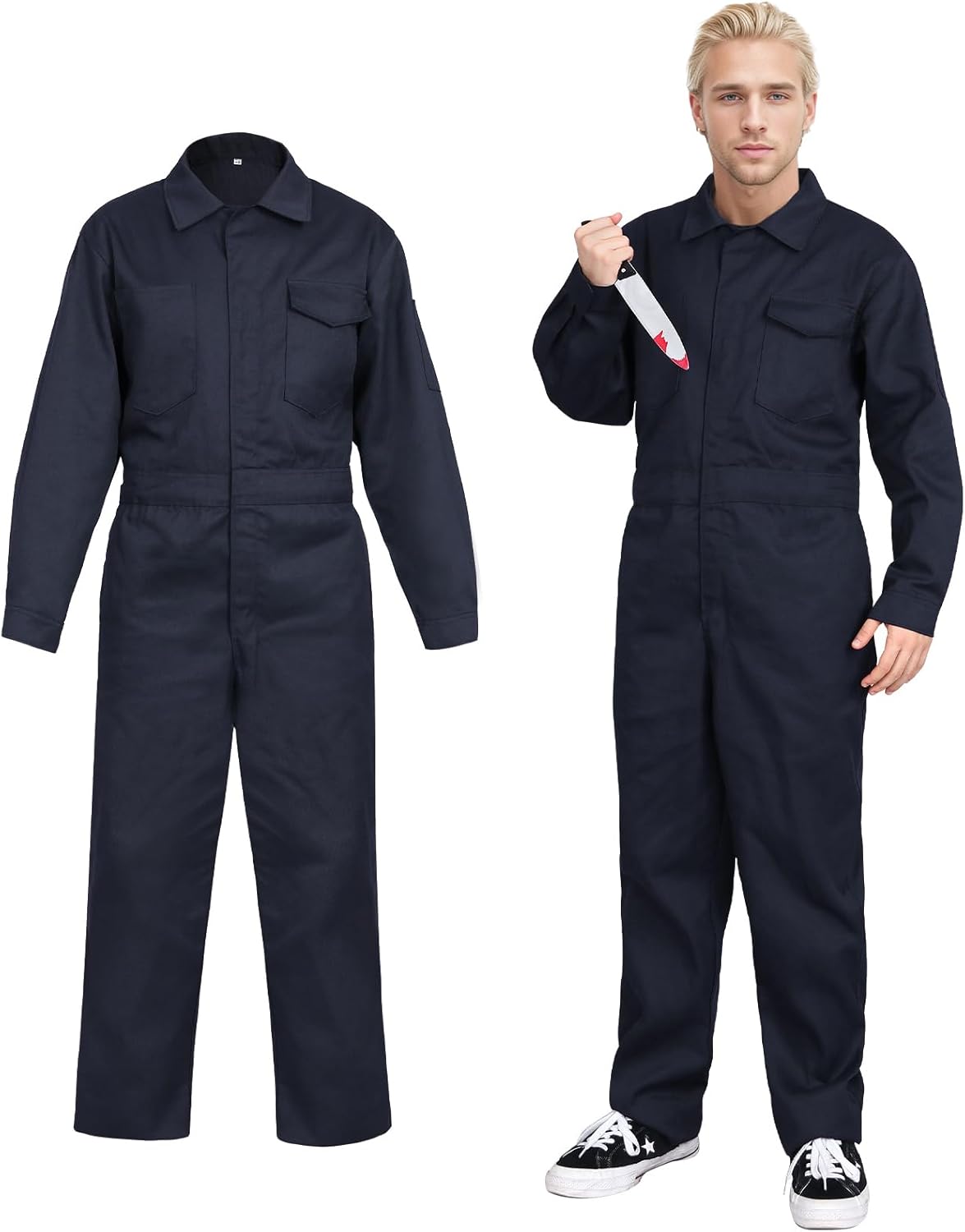 Mens Halloween Costume Jumpsuit,Blue Jumpsuit Men with Knife Prop Accessories, Horrific Halloween Cosplay Costume Medium