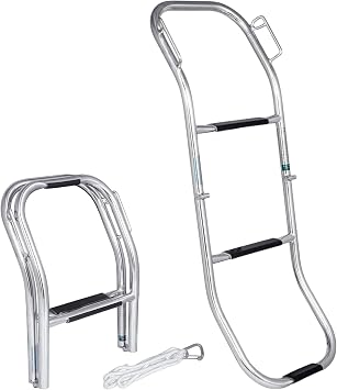 White Water 3-Step Removable Inflatable Boat Boarding Solution | 304 Stainless Steel Folding Design with Adjustable Lanyard and Carabiner for Boats, Yachts, Ships, Dinghies, Kayaks | AM1013S