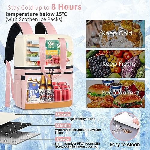 Image of Scothen Backpack Cooler with Double Decker & 12 Ice Packs- Keeps 36 Cans Cold for Up to 24 Hours- Waterproof & Leak Proof Insulated Cooler Backpack- Stylish Cooler Bookbag for Women Travel Work Beach