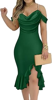 CHICME Womens Sexy Bodycon Party Dress Off The Shoulder Pearls Strap Midi Dress Ruffle