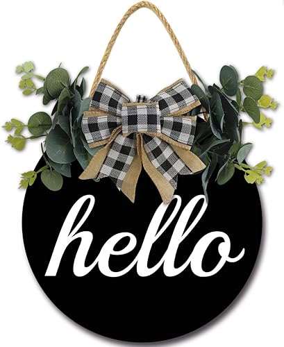 Letrero de bienvenida para puerta delantera, letrero de saludo con decoración vegetal, letrero colgante redondo de madera para decoración de porche