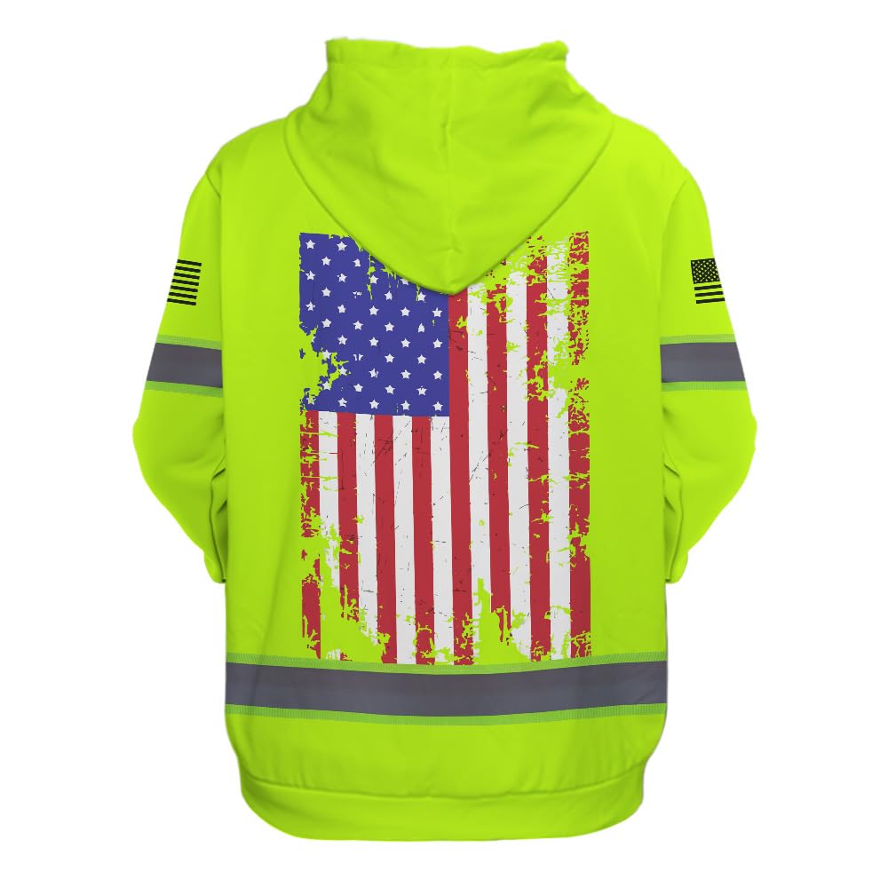 Maddly High Visibility Hoodie, Custom America Flag Reflective Hi Vis Safety Hoodie for Men, Women, Outdoor Worker, Trucker