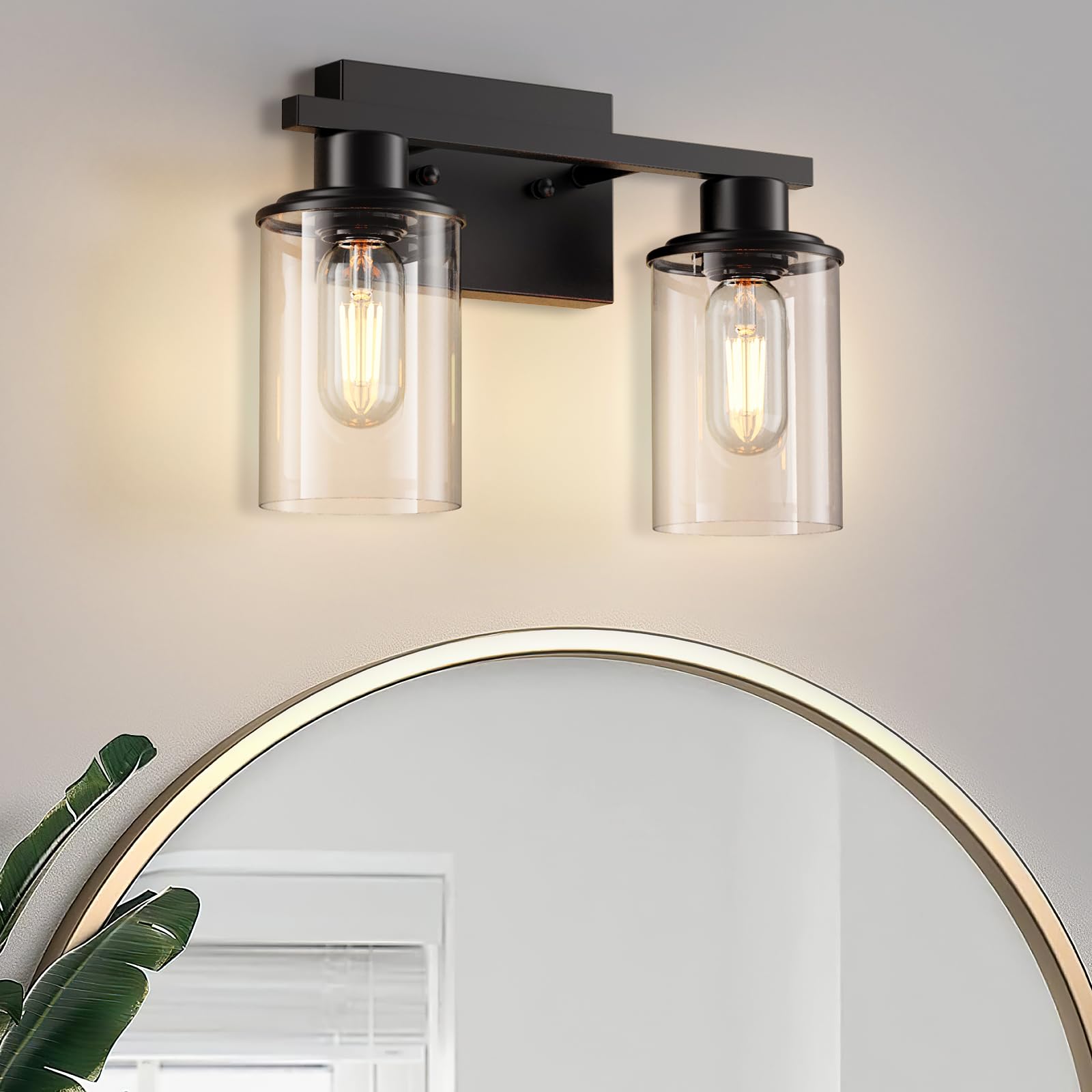 LOUSACE 2 Light Bathroom Vanity Light, Matte Black Bathroom Light Fixtures with Clear Glass Shade, Modern Vanity Lighting Fixtures for Bathroom, Wall Sconces Lighting for Mirror Living Room Bedroom