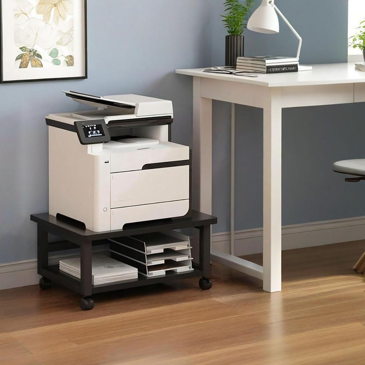Druckertisch mit Rollen, Platzsparender Druckerwagen mit Regalboden für Zuhause & Büro, Mobiler Druckerständer unter dem Schreibtisch, Mit Feststellrollen, Einfach zu montieren(Black,W 50cm/19.6in)