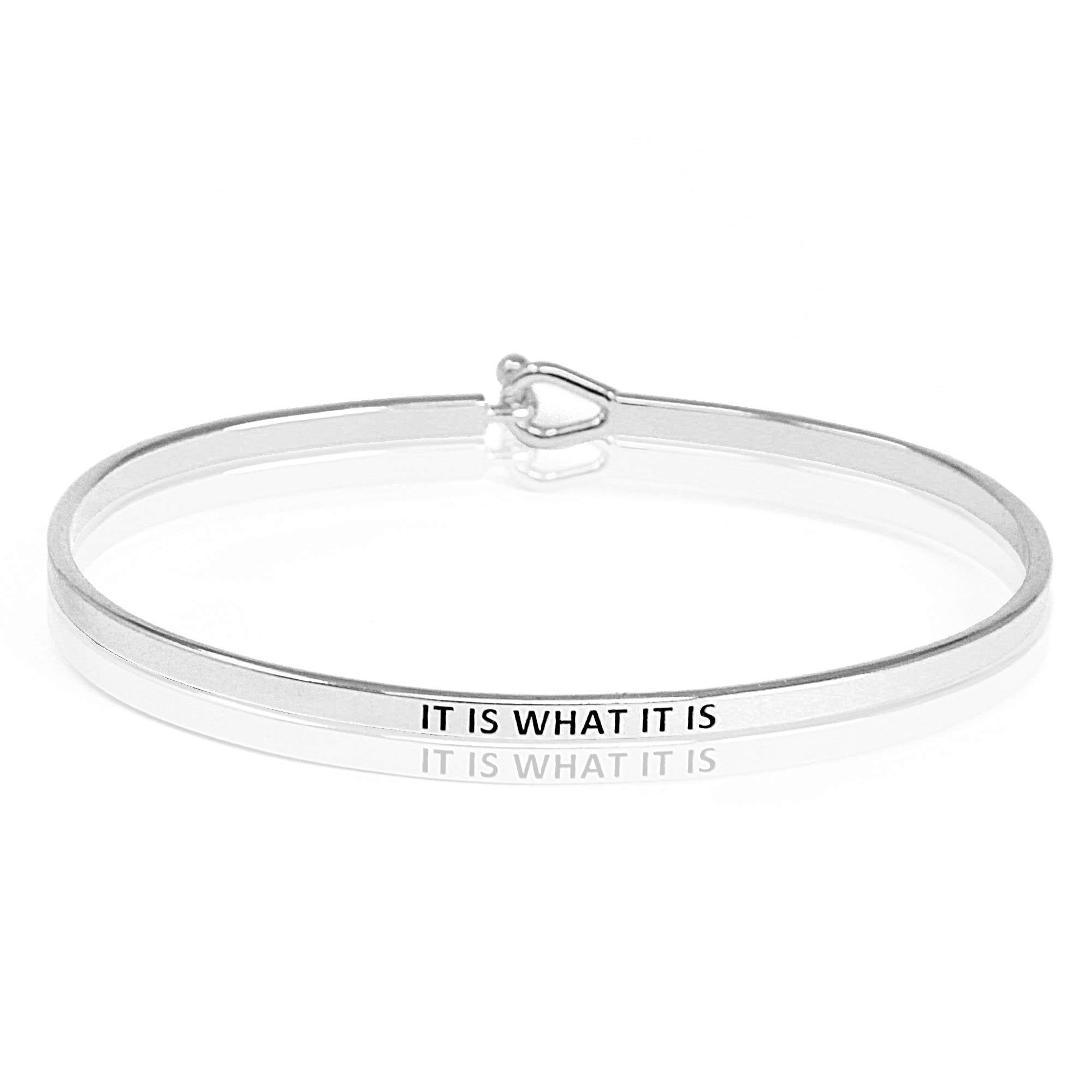 SM Inspirational Positive Message Engraved Thin Cuff Bangle Bracelets for Women (IT IS WHAT IT IS - Silver)