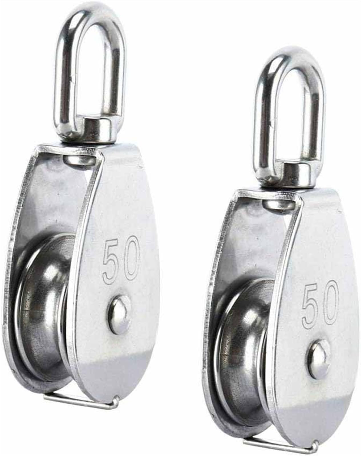 THE WHITE SHOP 2 PCS M50 Single Pulley Block,Heavy Duty 304 Stainless Steel Pulley Roller Crane Swivel Hook, Wheel Swivel Rigging Lifting Wheel Fixed Pulley for Wire Rope Loading 400kg