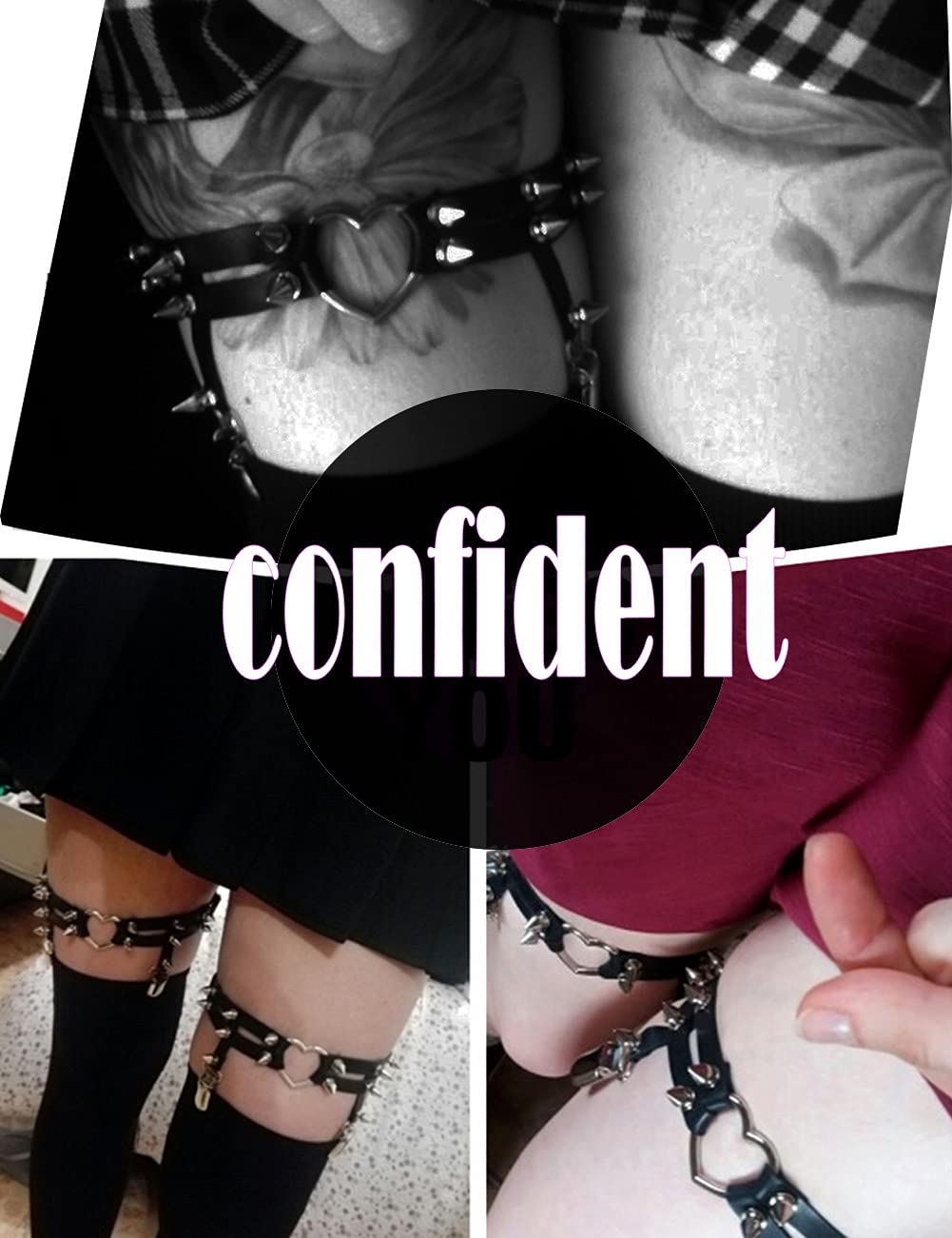Adove Women Adjustable Leather Thigh Garter, Heart Shaped Leg Garter with Clips punk goth Garters for thigh high socks: 2p Black Heart-shaped