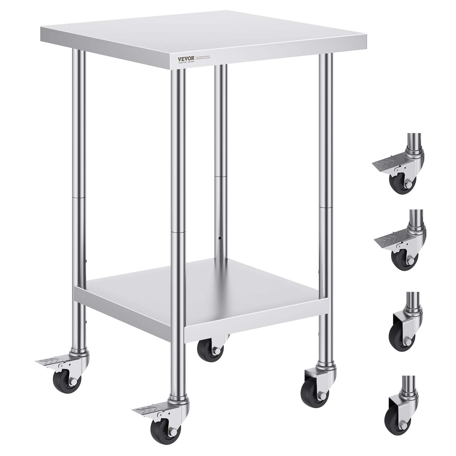VEVOR Stainless Steel Work Table 24 x 24 x 38 Inch, 700 LBS Load Capacity with 4 Wheels, 3 Adjustable Height Levels, Heavy Duty Food Prep Worktable for Commercial Kitchen Restaurant, Silver