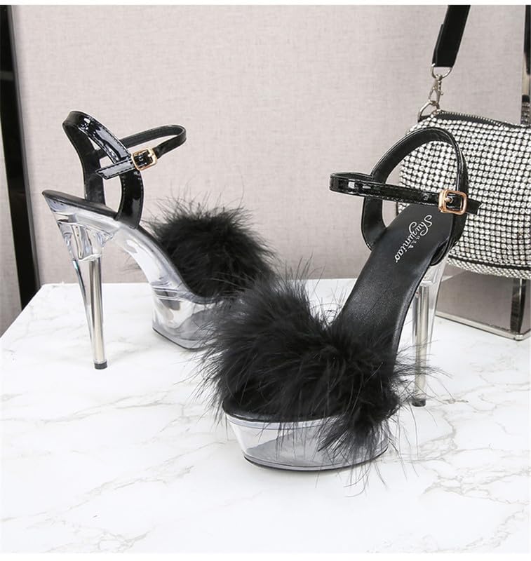 MissHeel Ankle Strap Clear Platform Furry Sandals Stiletto Heel: 9 Black