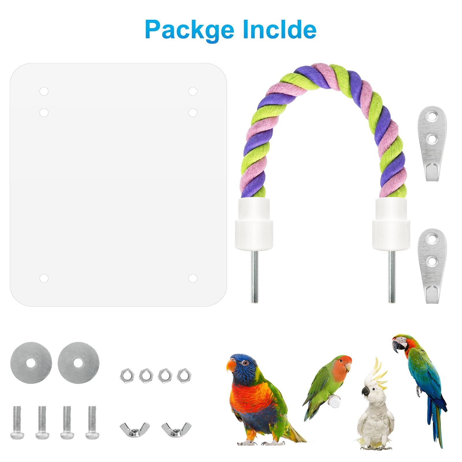 Espejo para pájaros de 5.9 pulgadas con cuerda percha para pájaros, columpio cómodo para grises, amazonas, periquitos, cacatúas, conure, tortolitos, pinzones canarios