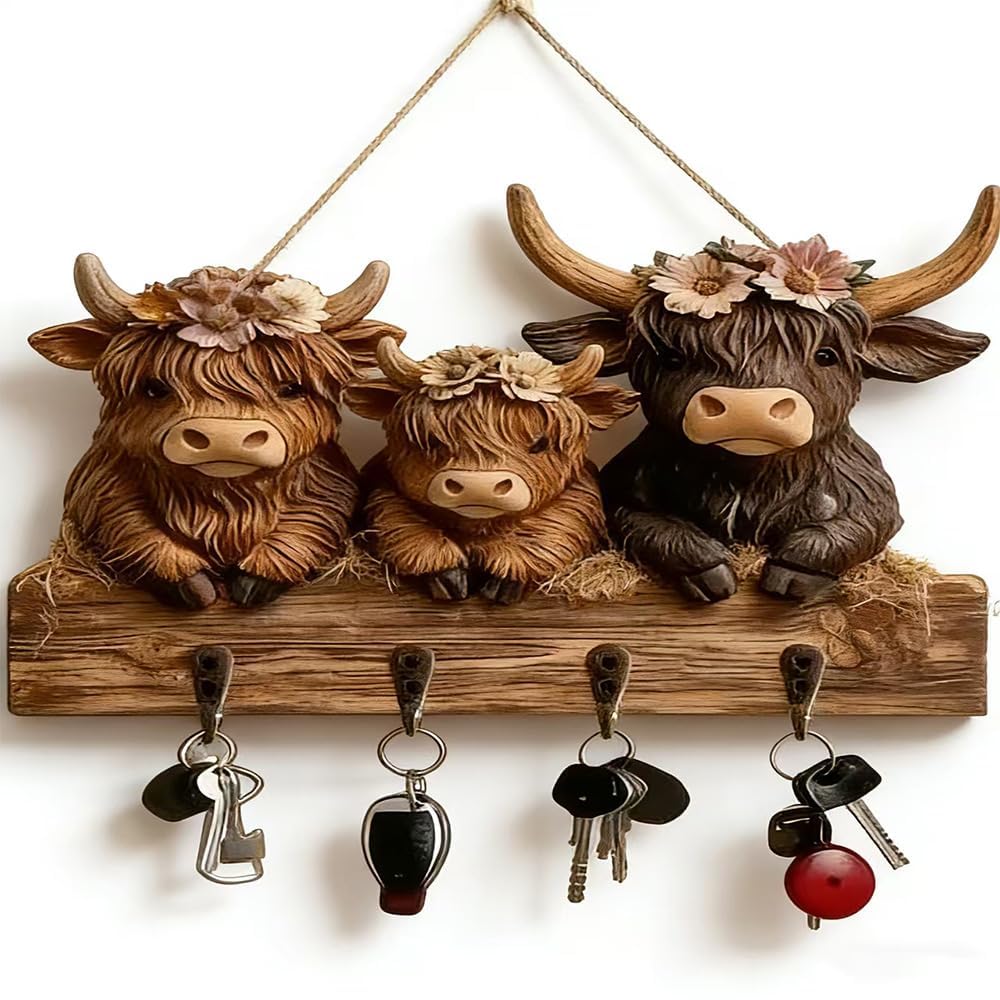 RARITYLL 2D Highland Cow Wooden Wall Mounted Key Rack with 4 Hooks, Rustic Farmhouse Entryway Decor, for Keys, Coats, and Towels, Highland Cattle Ornaments for Home