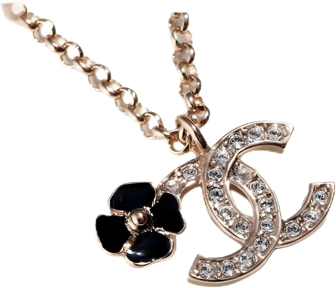 Gold Chain Necklace with Designer Logo Pendant and Charm,Decorated with clear crystals, Fashionable Women's Jewelry for Office, Date Night, Parties & Special Occasions; Thoughtful Gift for Valentine's Day, Birthday or Mother's Day