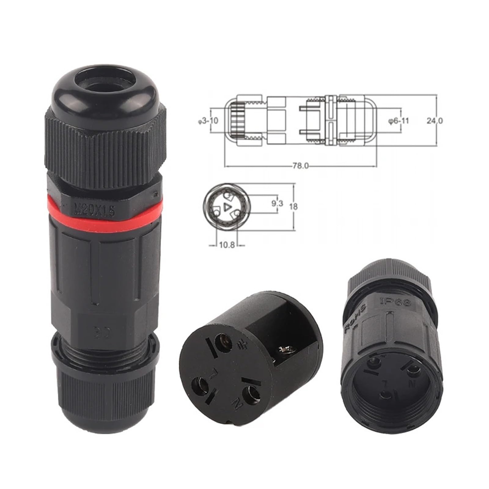 3 Pin IP68 Connector Electrical Terminal Adapter Connection Wire Connector Screw Pin Connector LED Light Outdoor