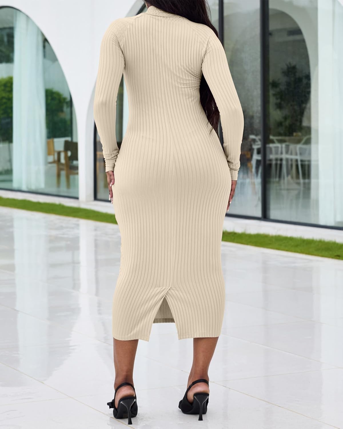 Fastkoala Women's Sexy Ribbed Bodycon Dress Solid Color Long Sleeve Slim Fit Midi Lilac Night Club Party Dresses - Image 6