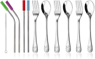 15 Pieces Toddler Kids Utensils Kids Silverware Set Stainless Steel, Safe Baby Utensils 3 Toddler Forks 3 Toddler Spoons 4 Reusable Metal Straws 4 Silicone Tips and Brush, Kid Utensils Flatware