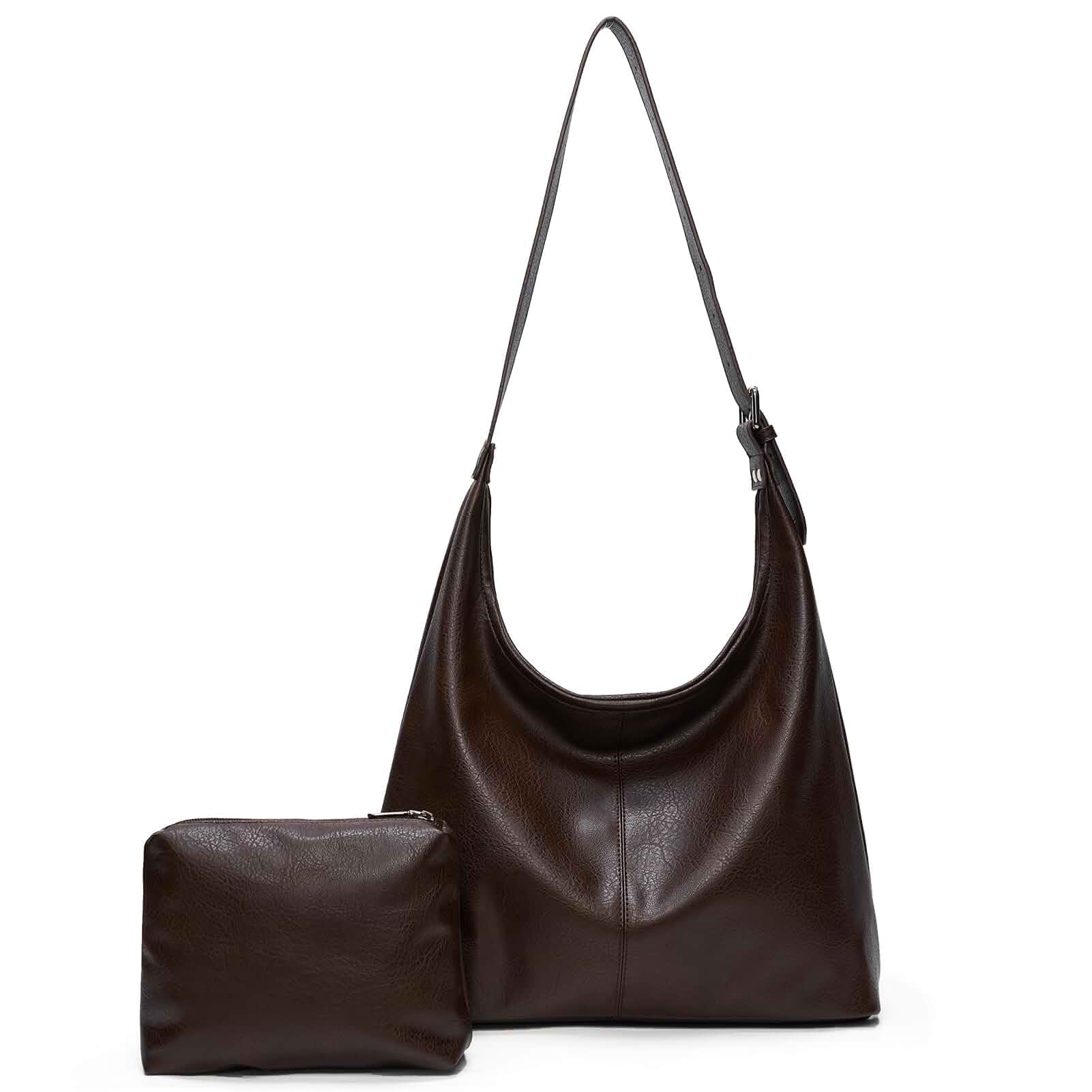 Hobo Bag for Women, Vegan Leather Slouchy Shoulder Tote with Matching Pouch Roomy divided interior with a zippered divider and secure inner pocket, length-adjustable strap, and magnetic snap closure