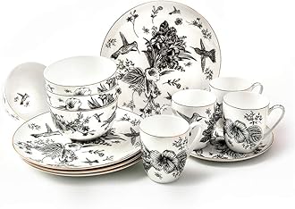 Botanic Plates and Bowls Sets Dishes Set for 4, Ceramic Plates and Bowls Set, Service for 4, Bone China Dinnerware Set Salad Dessert Plates, and Cereal Bowls Set, Microwave safe by KOKEN