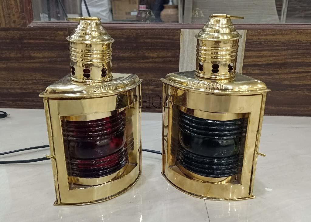 Brass Port & Starboard Electric Lanterns, Red & Green Glass, 6" L x 5" W x 12" H, Set of 2