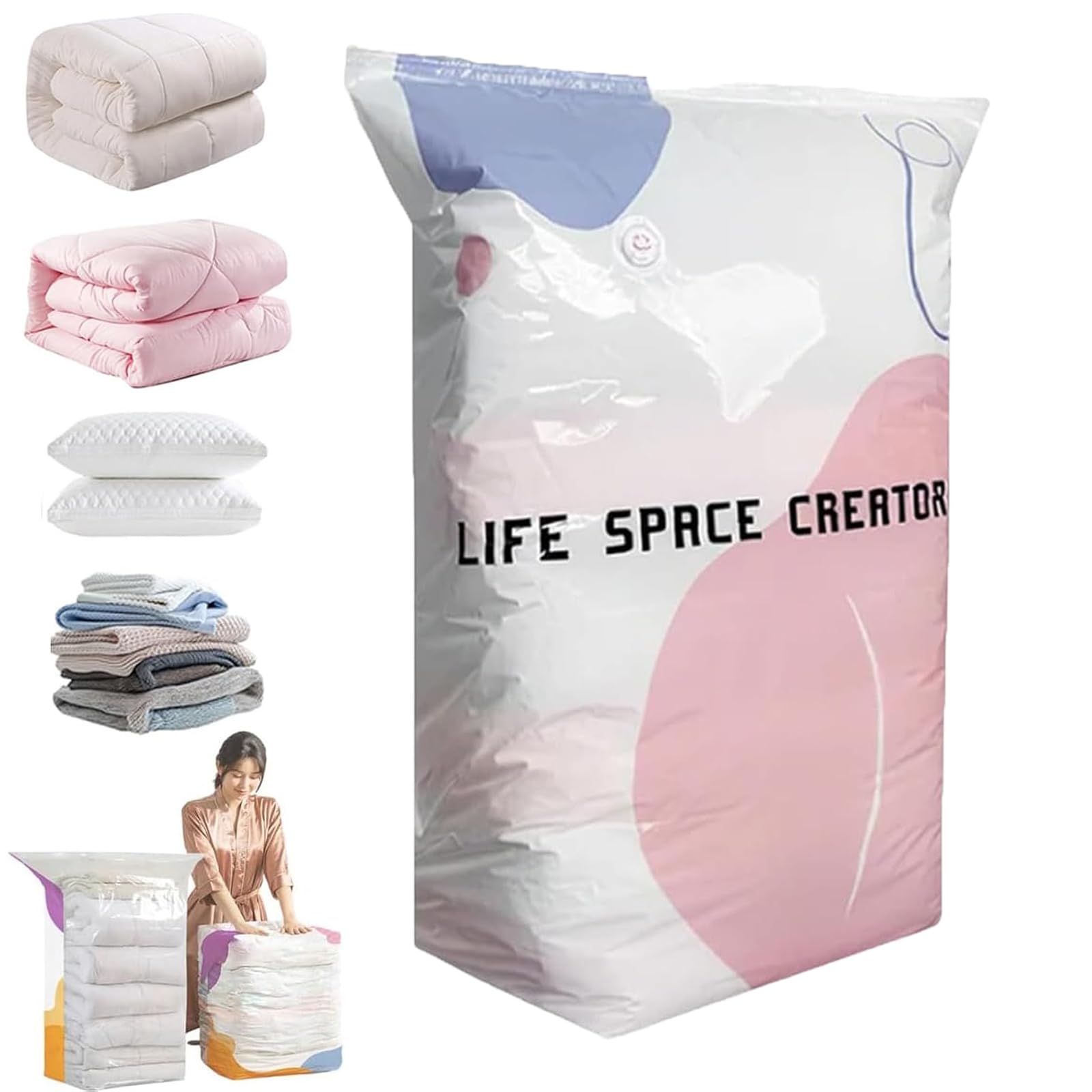 Large No-Pump 3D Vacuum Storage Bags 3-Sec Fast Compression, Press & Seal Roll-Up Compression Bags, Thickened Reusable Space Saver for Clothes, Duvets, Bedding & Travel (L)