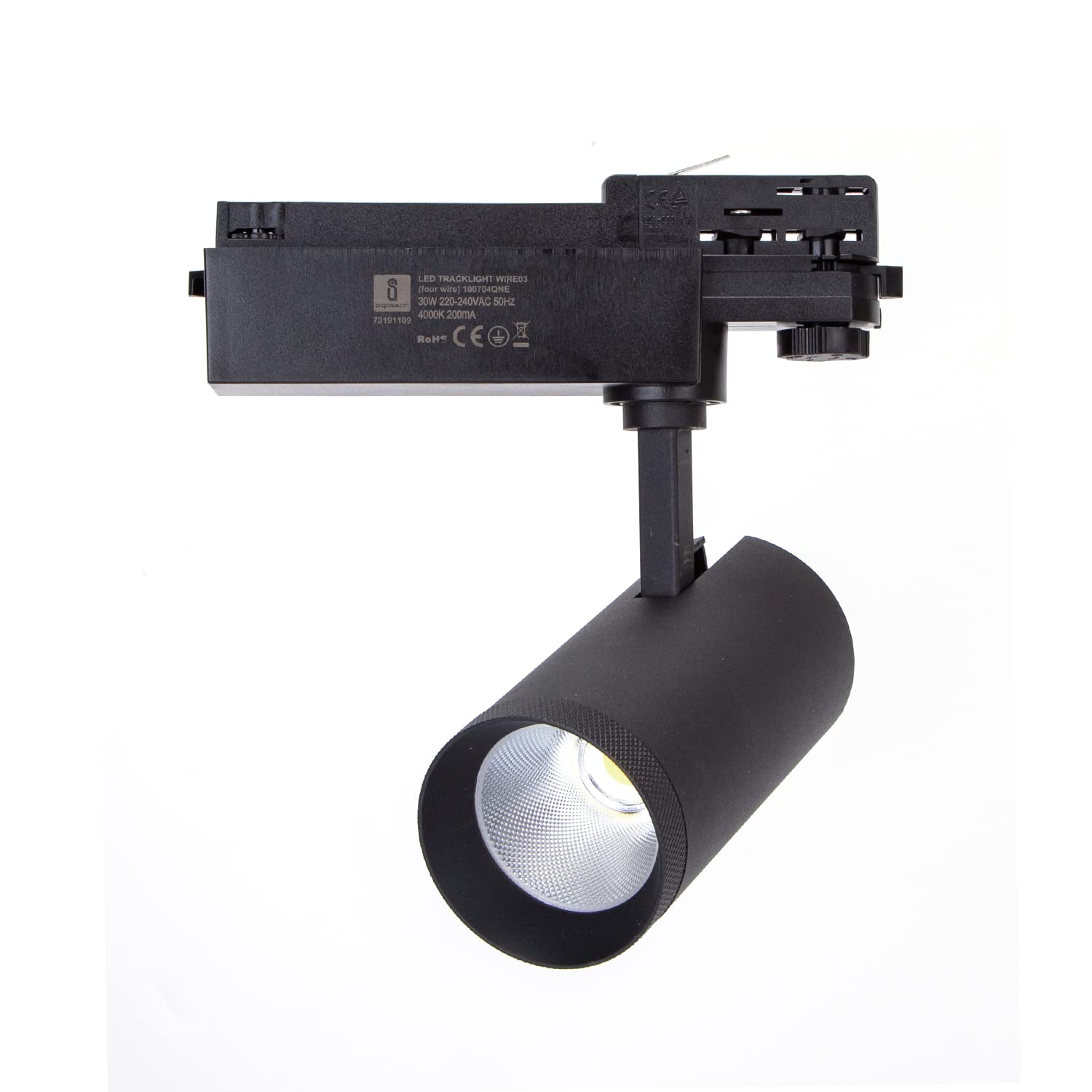 VoltShine Foco LED de carril negro 30W, 4 hilos; ideal para iluminación decorativa y comercial en espacios interiores.