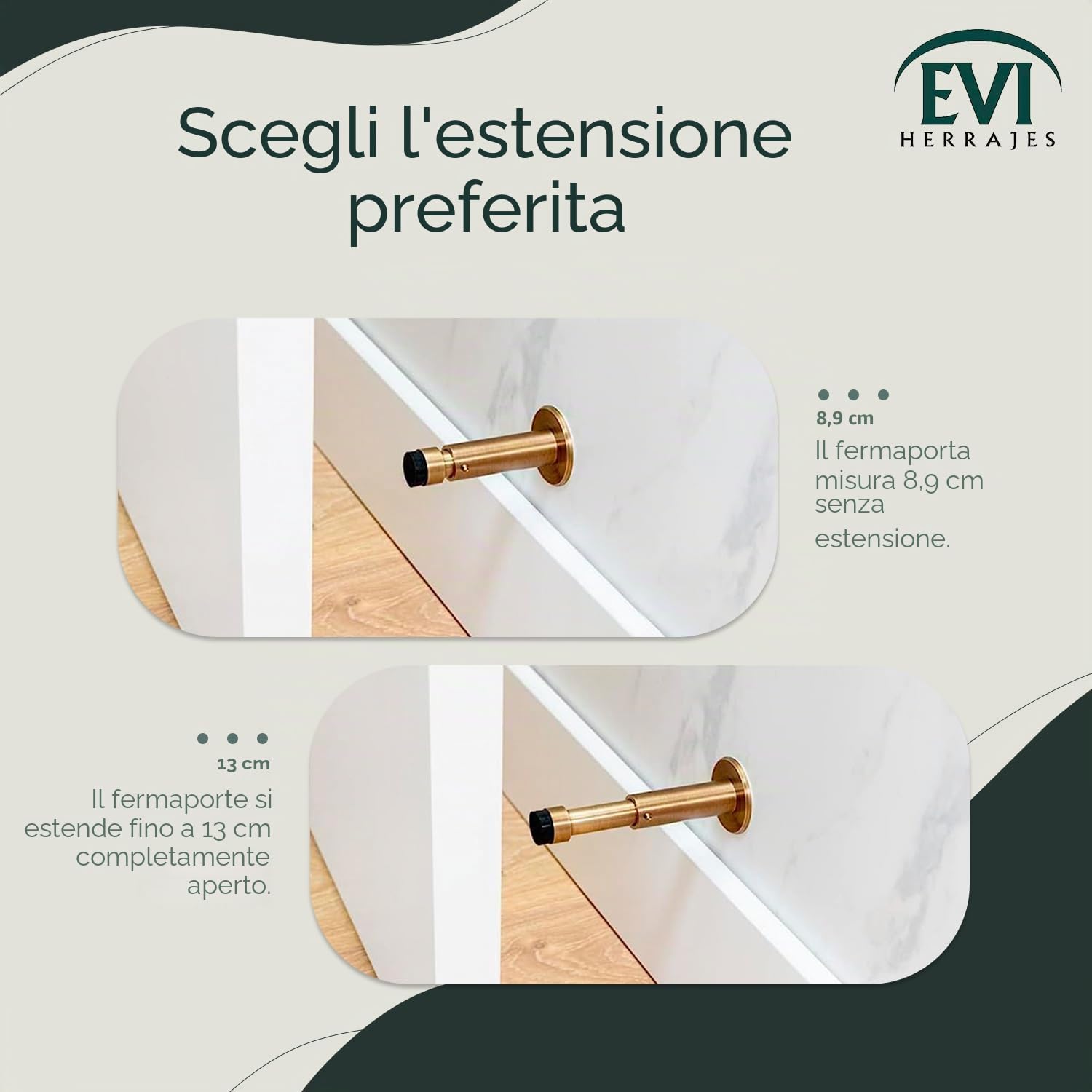 EVI HERRAJES Fermaporta da parete regolabile, installazione adesiva o con striscia fondo (Ottone Pelle Invecchiata)