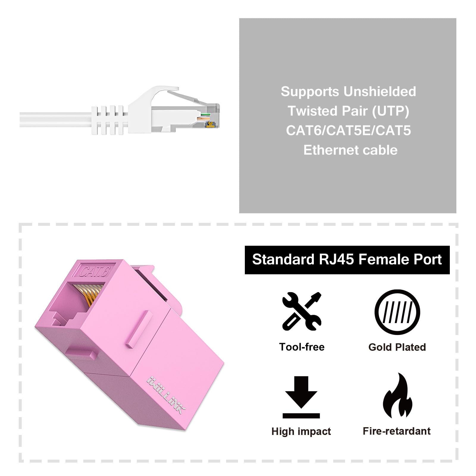 iwillink Lot de 25 coupleurs Keystone Cat6, femelle vers femelle Cat6 RJ45, coupleur Keystone UTP pour câble réseau Cat6/Cat5e/Cat5, rose