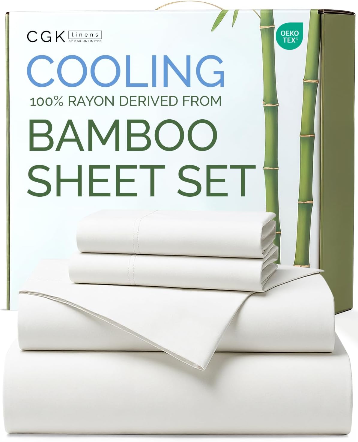 100% Rayon Derived From Bamboo - Bamboo Sheets King Size - Cooling Sheets for King - Ultra Soft, Breathable & Hotel Luxury Bedding - 1 Flat & 1 Fitted & 2 Pillowcases w/ 18 Inch Deep Pockets - White