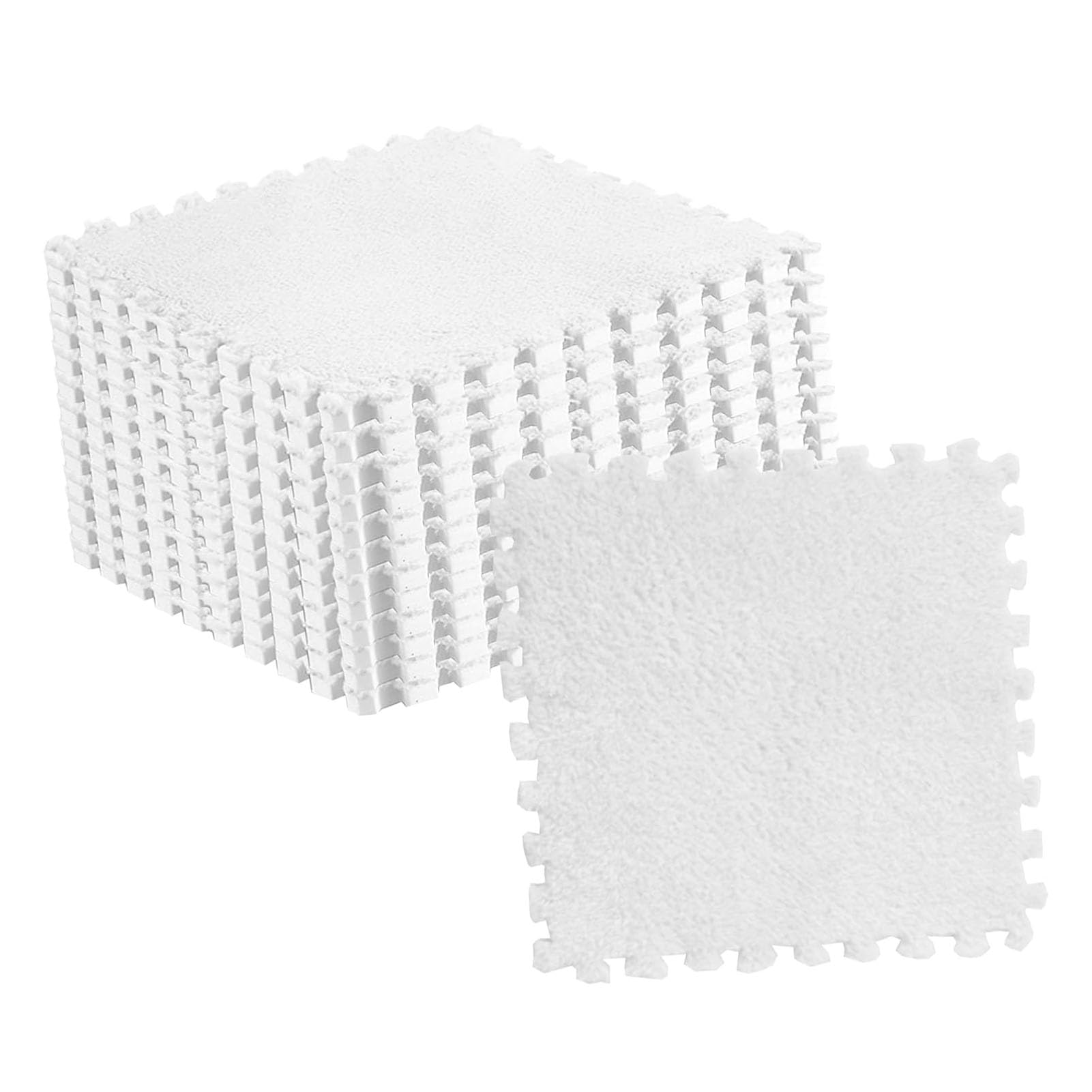 10pcs Plush Foam Interlocking Puzzle Mat Tiles - Fluffy, Cuttable Anti-Slip Carpet for Kids' Rooms and Play Areas (White) - Image 3