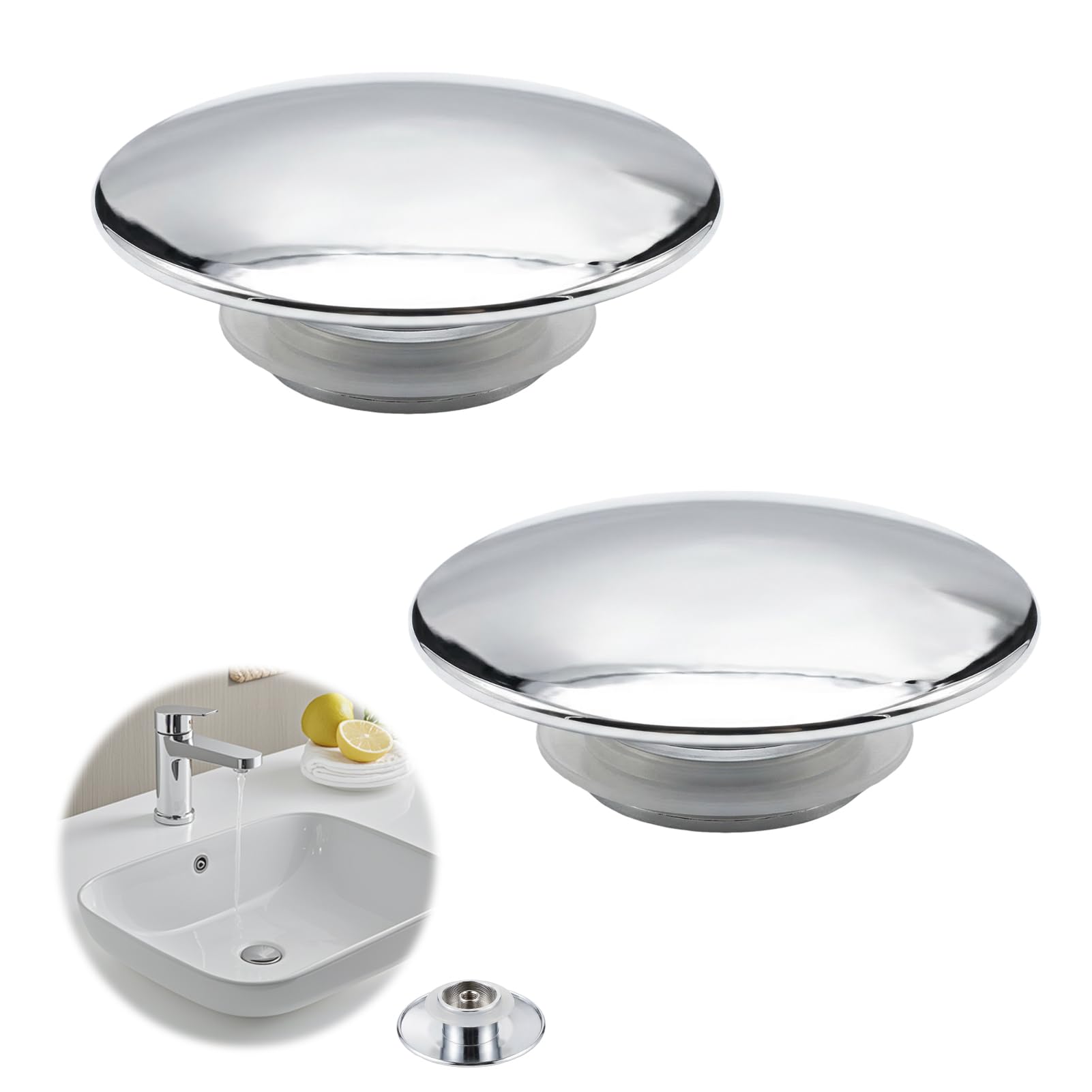 2 Pcs Bathroom Sink Plug Replacement, 66mm Chrome Push Button Pop Up Waste Spares, Click Clack Plug Replacement for Sink Basin, Universal Drain Stopper for Bathroom Sinks (Silver)
