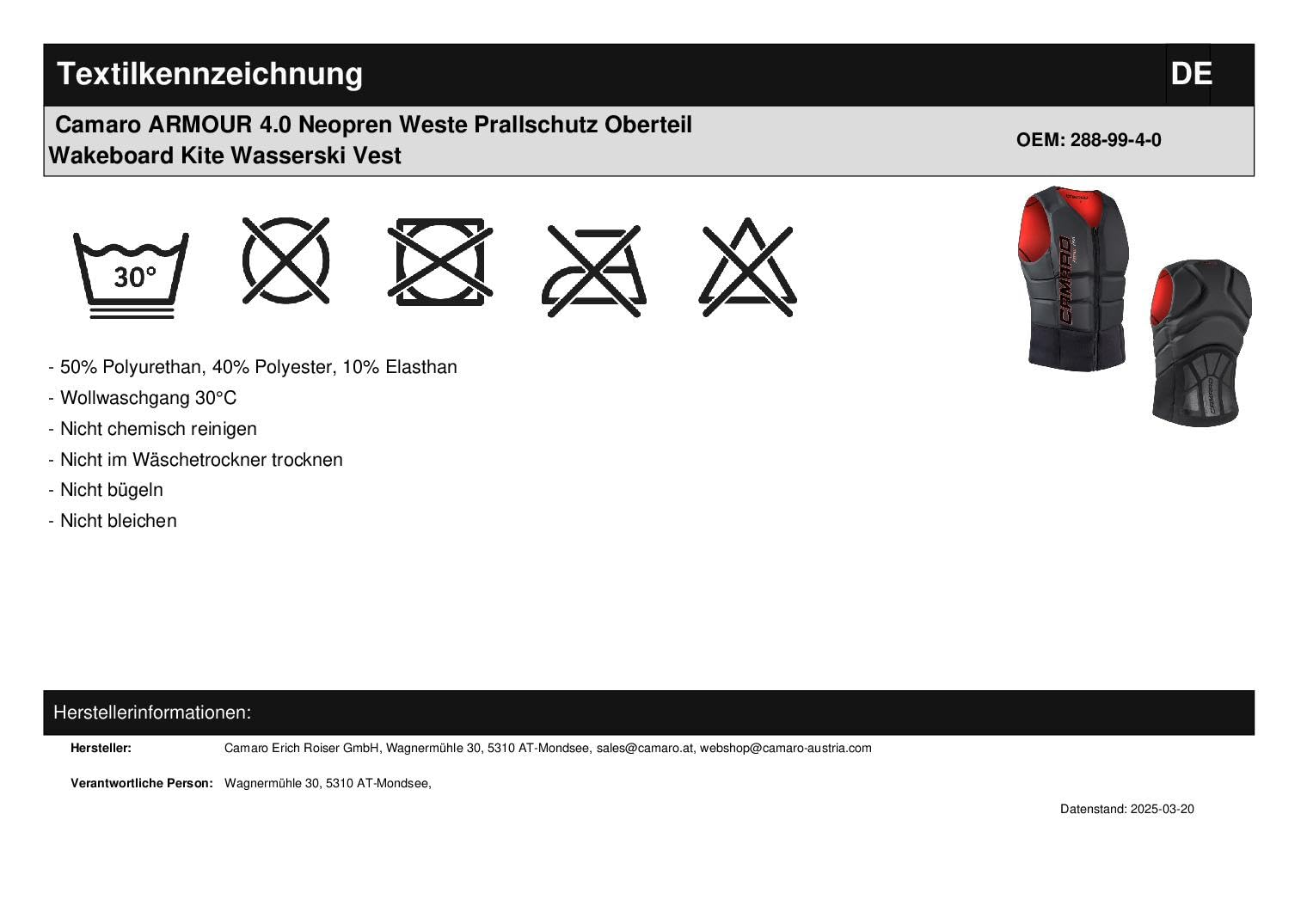 Camaro Armour 4.0 Neopren Prallschutz Oberteil Wakeboard Kite Wasserski