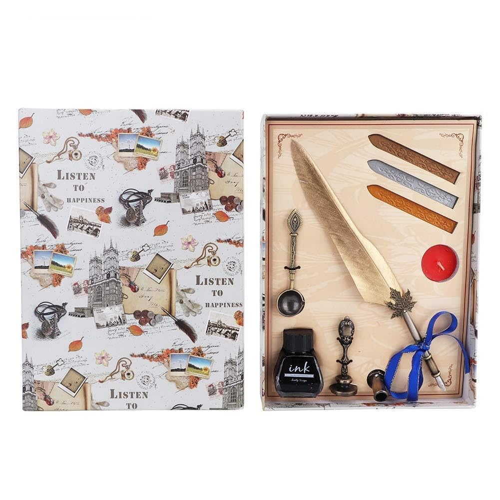 Plume de calligraphie vintage dorée, ensemble cadeau décoration intérieure