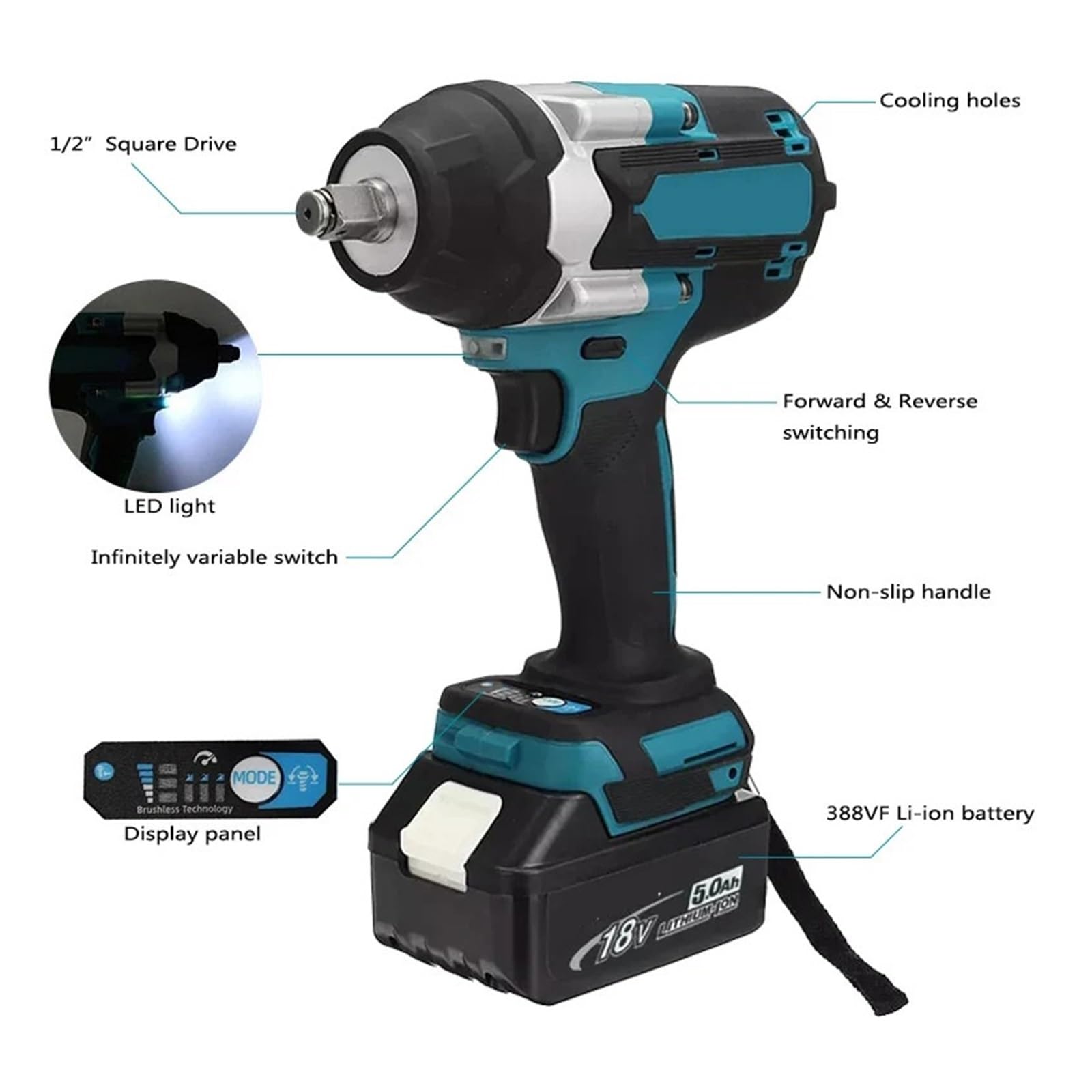 Llave de Impacto Llave De Impacto Eléctrica del Alto Esfuerzo De Torsión 1800N.m Pulgada del 1/2 Compatible con La Batería(2x5.0Ah Bat Carton)