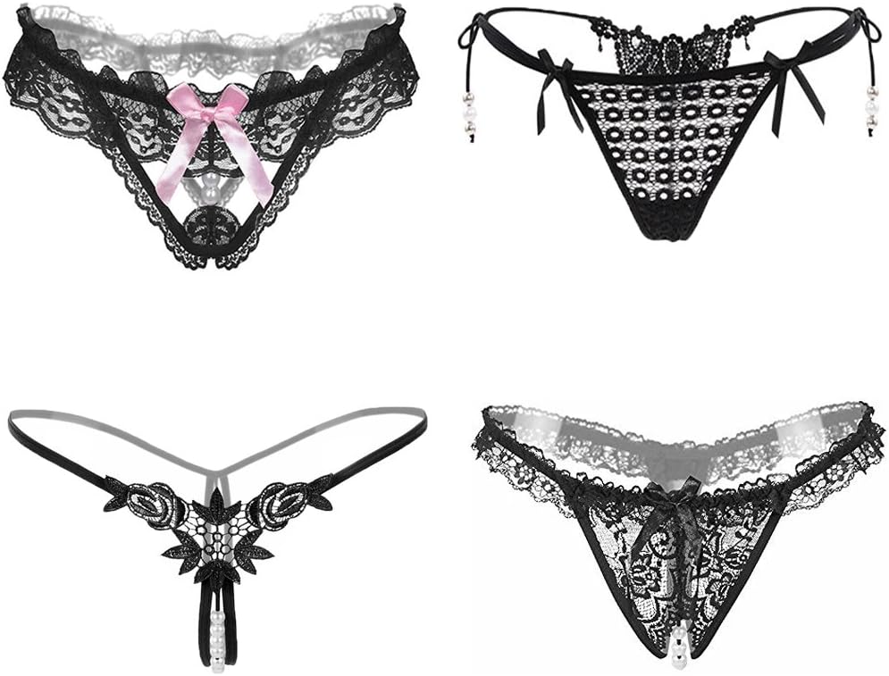 Women's Crotchless Lace Panties Pearls G-Strings Underwear Thong Lingerie T-Back Pack of 4