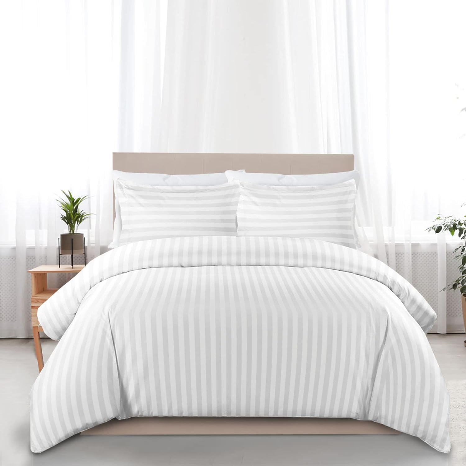 Sapphire Textile Egyptian Cotton Duvet Cover Bedding Set 400 Thread Count Satin Stripe Quilt Cover With Pillowcase Hotel Quality with Easy Closure (White, Single)