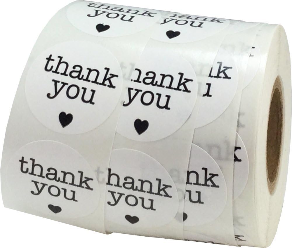 White Thank You Stickers with Black Text, 1 Inch Round Adhesive Labels, 500 Total Stickers on a Roll for Packaging, Business Use, Retail Orders and Gift Wrapping, Made in the USA