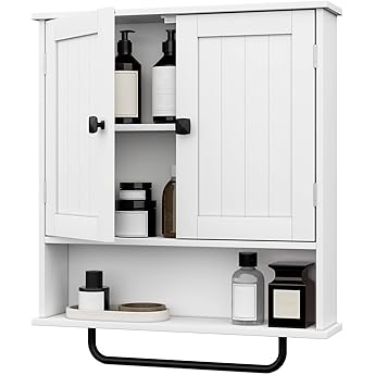 Tatub Farmhouse Bathroom Wall Cabinet, Wall Mounted Wood Medicine Cabinet Over Toilet, Hanging Bathroom Organizer with Behind Door Storage, White