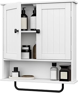 RRX Bathroom Cabinet Wall Mounted Medicine Cabinets with Towels Bar White | Over The Toilet Storage Cabinet with 2 Doors and Adjustable Shelf, White Wall Cabinet for Bathroom Laundry Kitchen